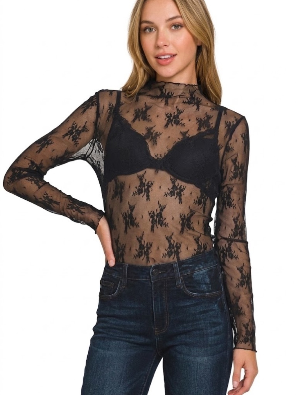 NEW ZENANA BLACK LACE SIZE S LONG SLEEVE BLOUSE